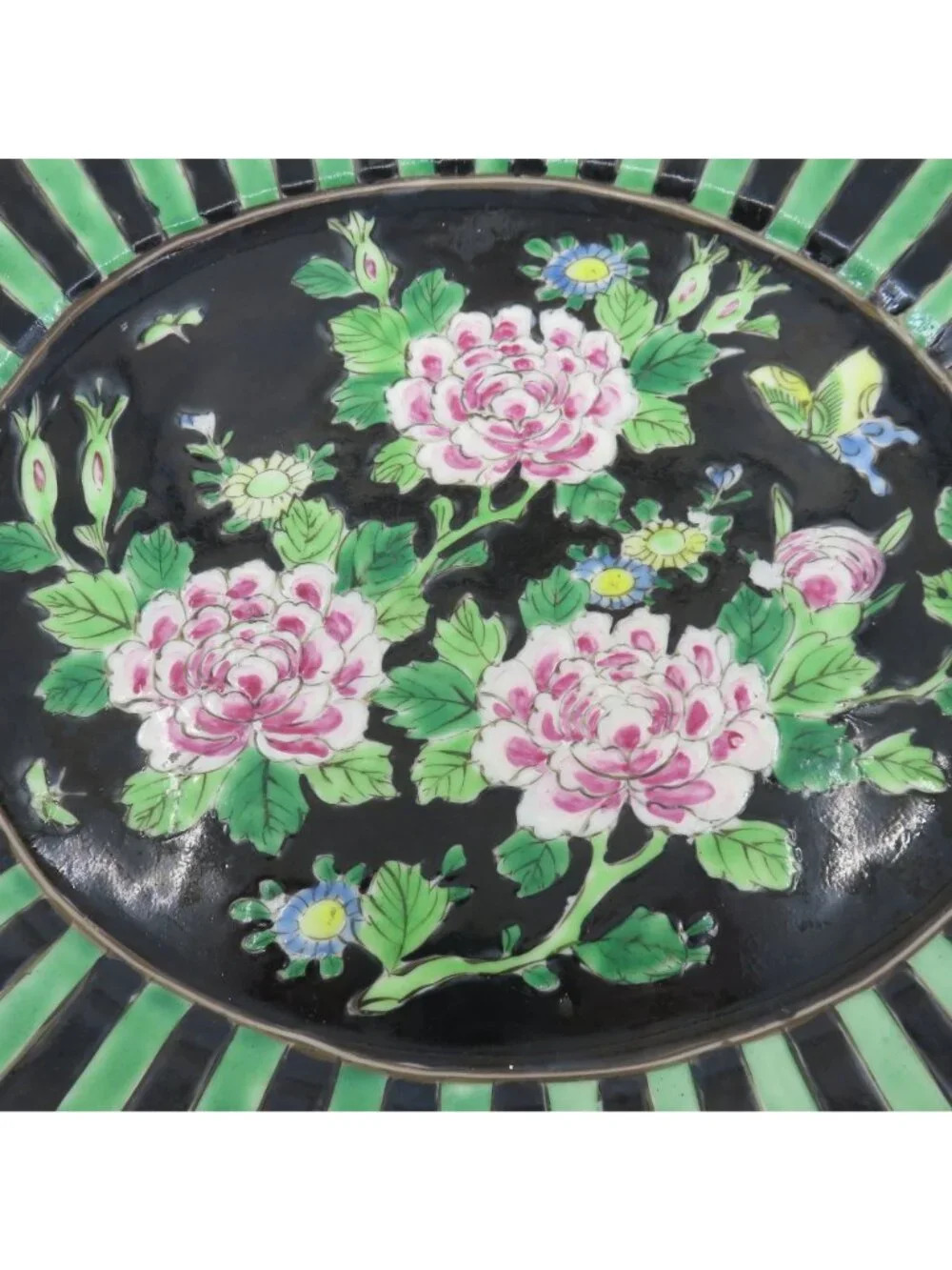 Antique Nippon 12.25in Pink Flower Black Green Stripe Oval Platter Plate Japan